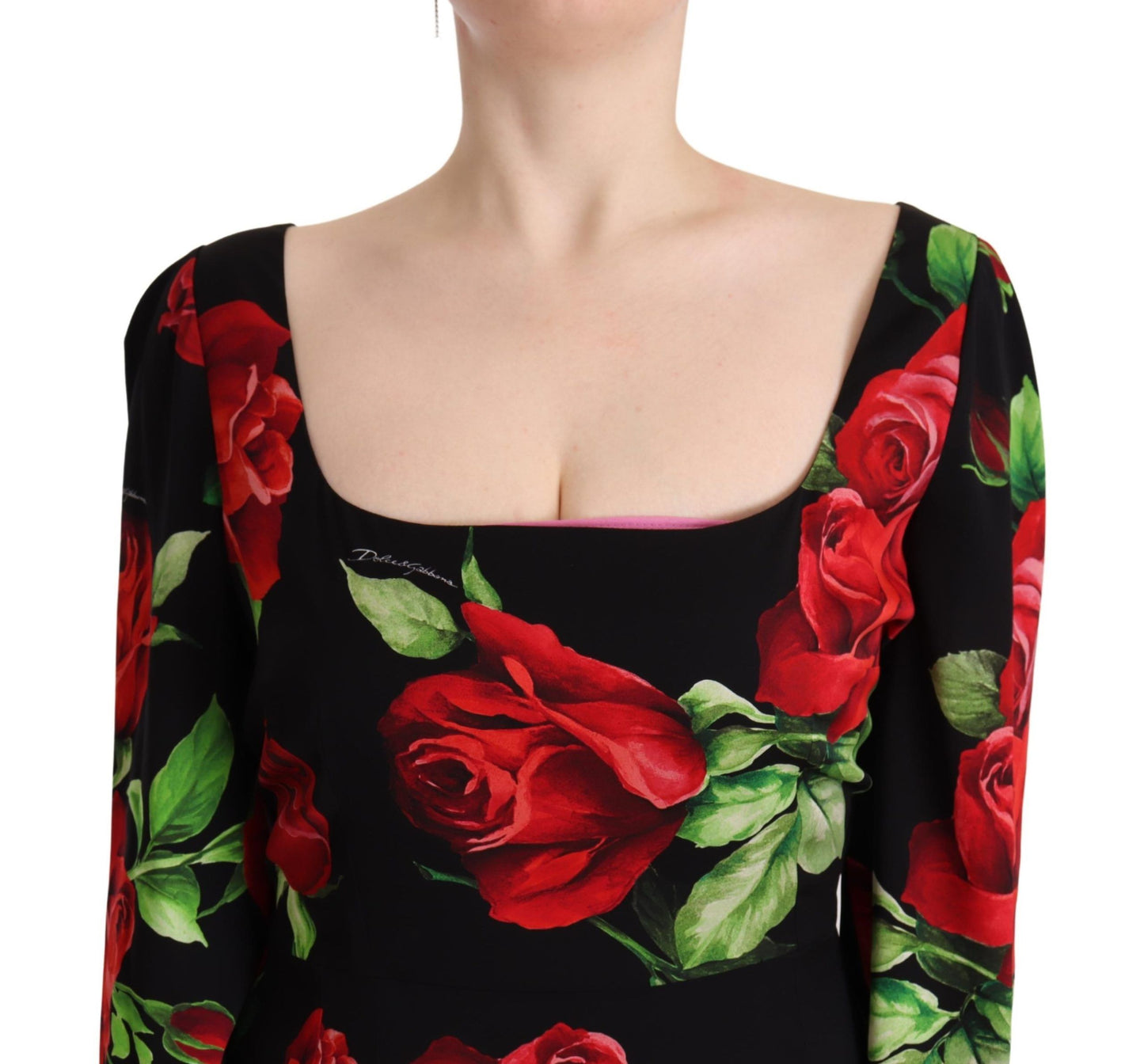 Dolce & Gabbana Black Red Roses Sheath Stretch Silk Dress