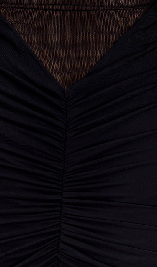 One Shoulder Slinky Ruched Maxi Dress-Black