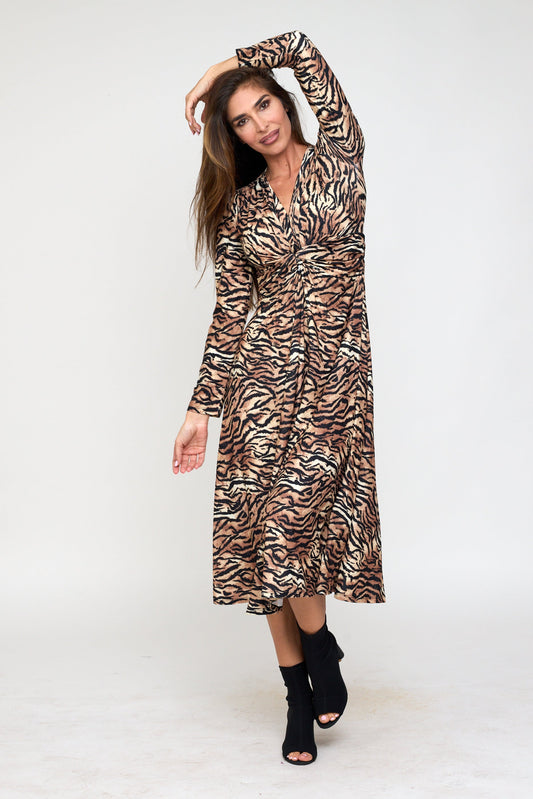 Animal print midi dress with knot detail