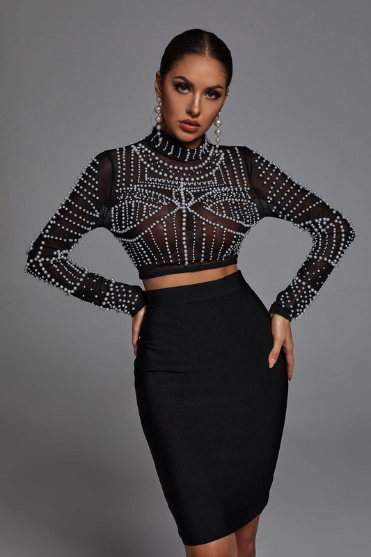 Kiana Pearl Long Sleeve Set - Black