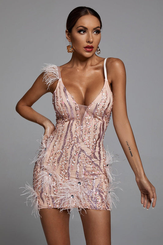 Feather Fringe V Neck Bodycon Mini Party Dress