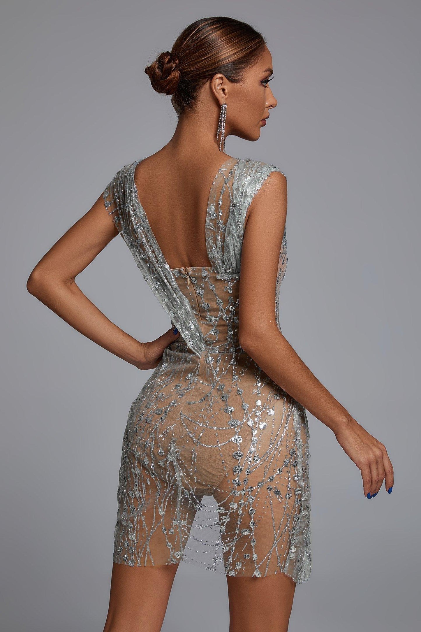 Sedaya Glitter Mesh Mini Dress - Silver