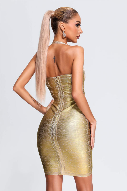 Halter Black Metallic Cocktail Dress - Gold