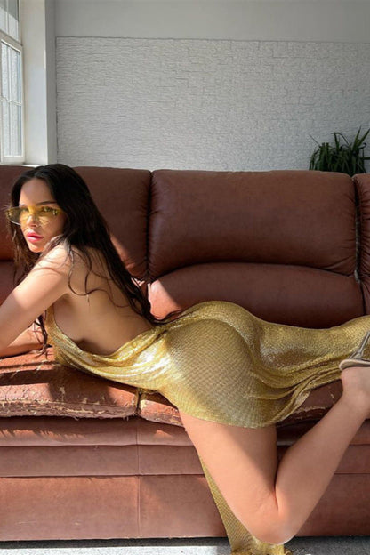 Halter Backless Metal Slit Maxi Dress-Gold