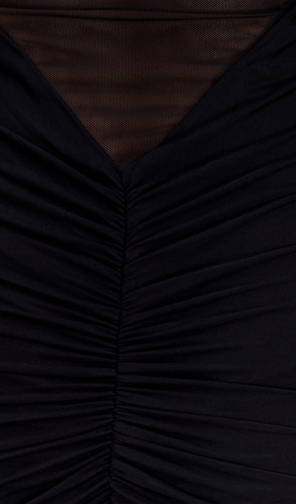 One Shoulder Slinky Ruched Maxi Dress-Black