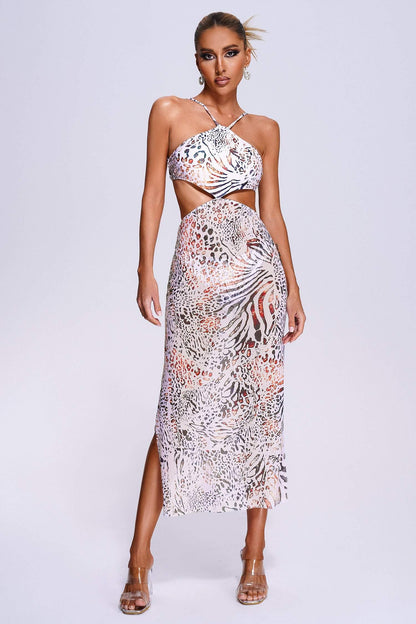 Taffy Halter Leopard  Mesh Midi Dress